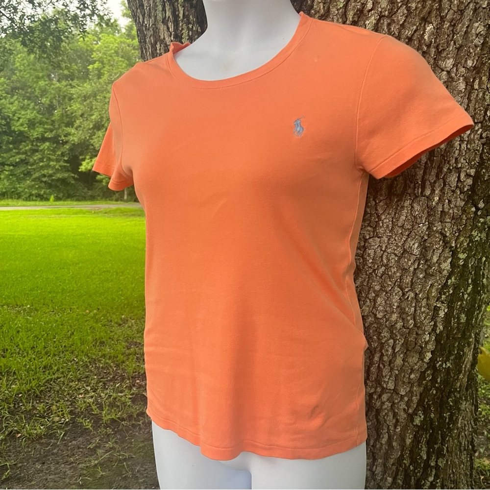 RALPH LAUREN KNIT SHORT SLEEVE T SHIRT COTTON PEACHY ORANGE PERIWINKLE BLUE LOGO